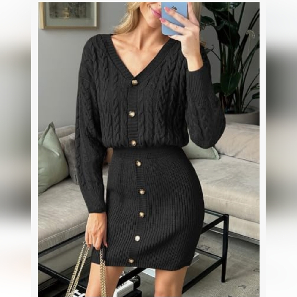 NWT CUPSHE Womens Sweater dress V Neck Black Button-Up Knit Dress size M